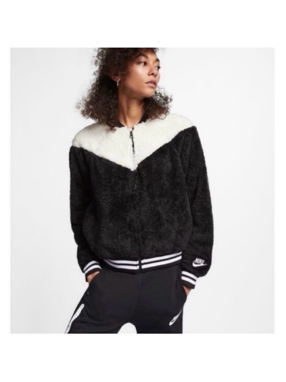 NIKE Sportswear Women’s Sherpa Windrunner Bomber Jacket Black and White